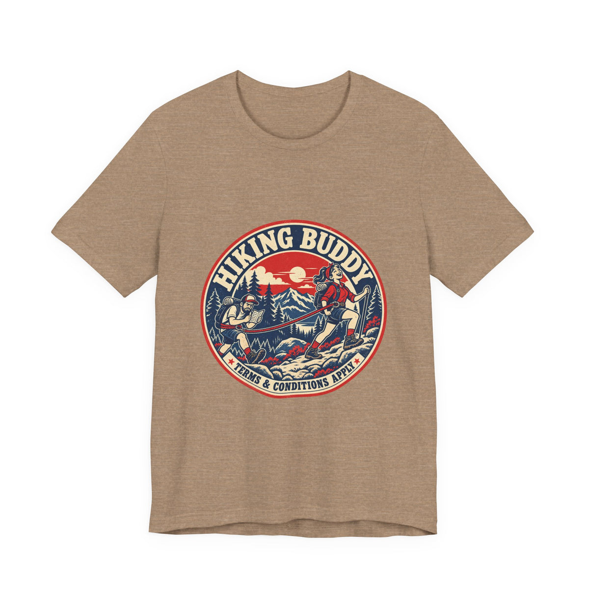 Hiking Buddy T-Shirt — Vintage Mountain Trekking Tee with Terms & Conditions Apply