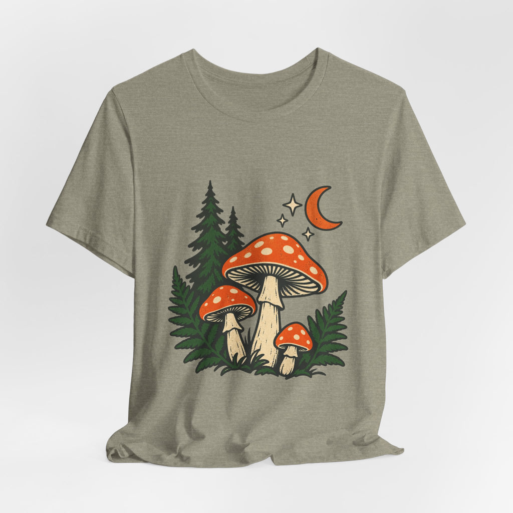 Vintage Mushroom Moon T-Shirt — Enchanted Forest Fungi Night Design
