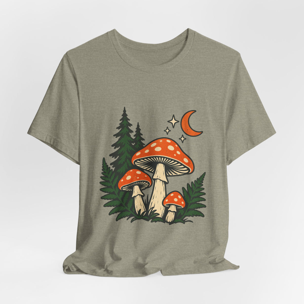 Vintage Mushroom Moon T-Shirt — Enchanted Forest Fungi Night Design