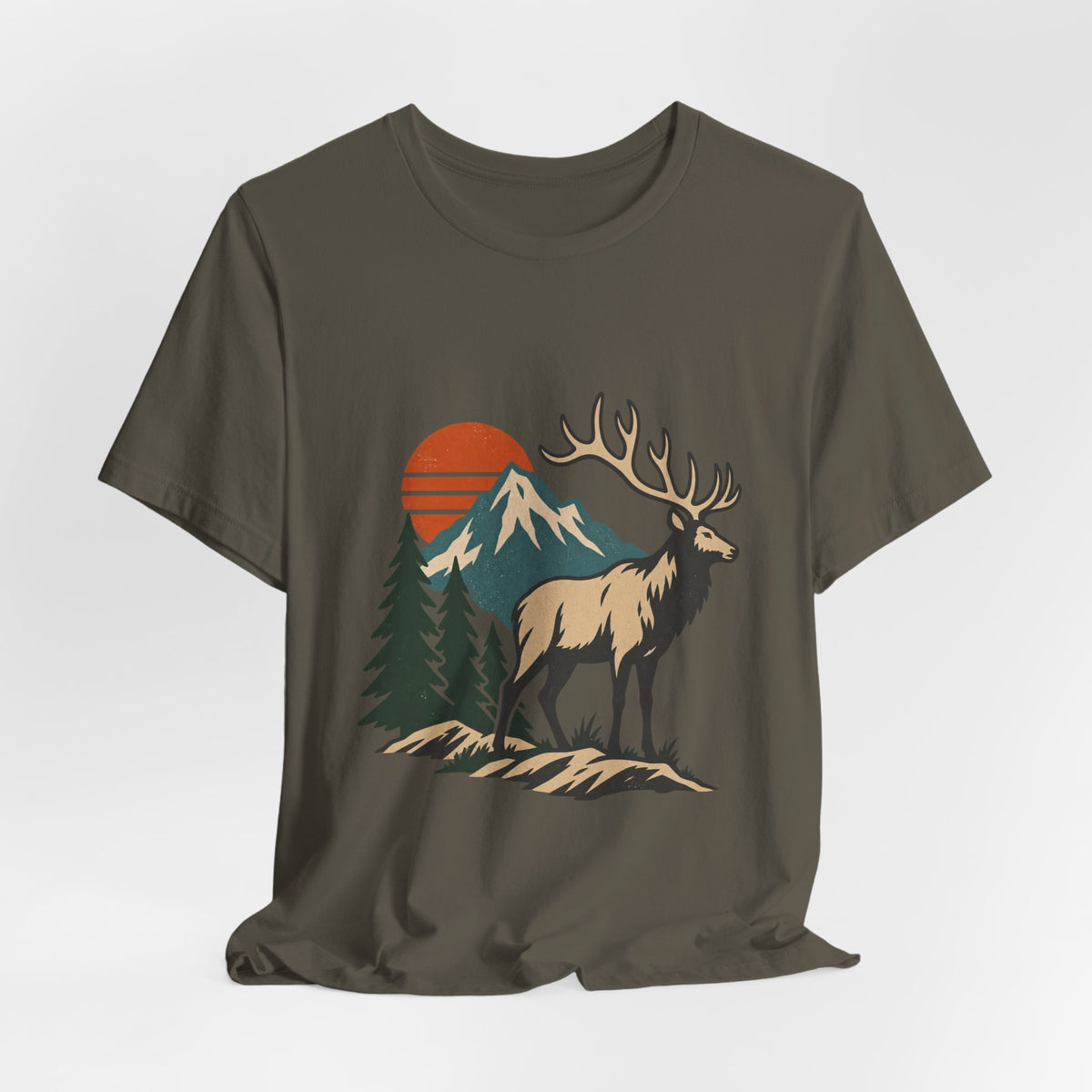 Vintage Elk Mountain T-Shirt, Retro Wilderness Deer and Pine Forest Graphic Tee