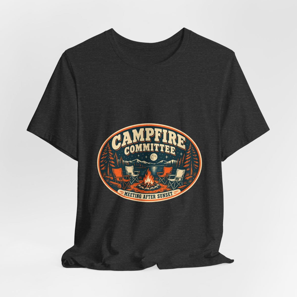 Campfire Committee T-Shirt — Meeting After Sunset Vintage Camping Badge Tee
