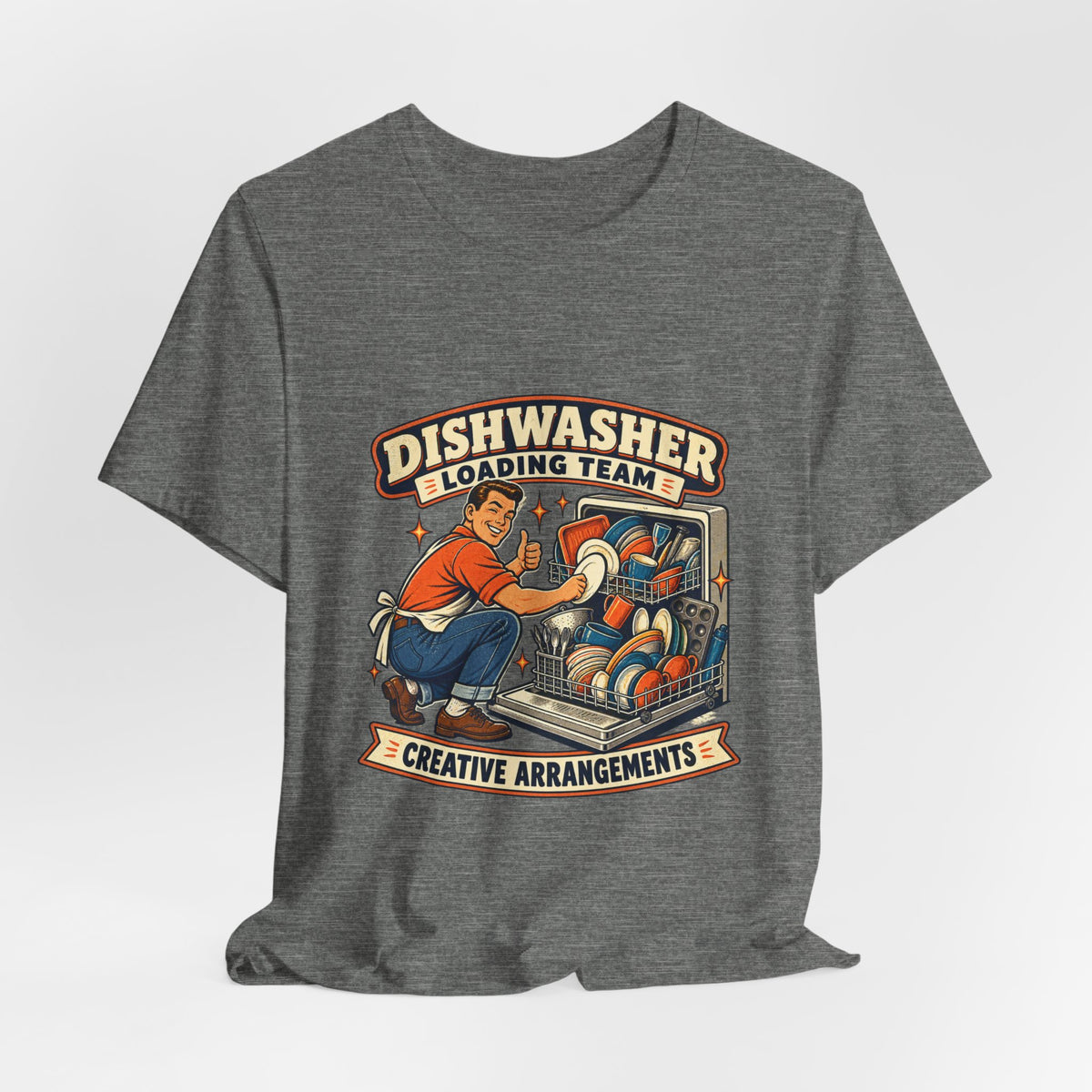Dishwasher Loading Team T-Shirt, Creative Arrangements Retro Kitchen Humor Tee