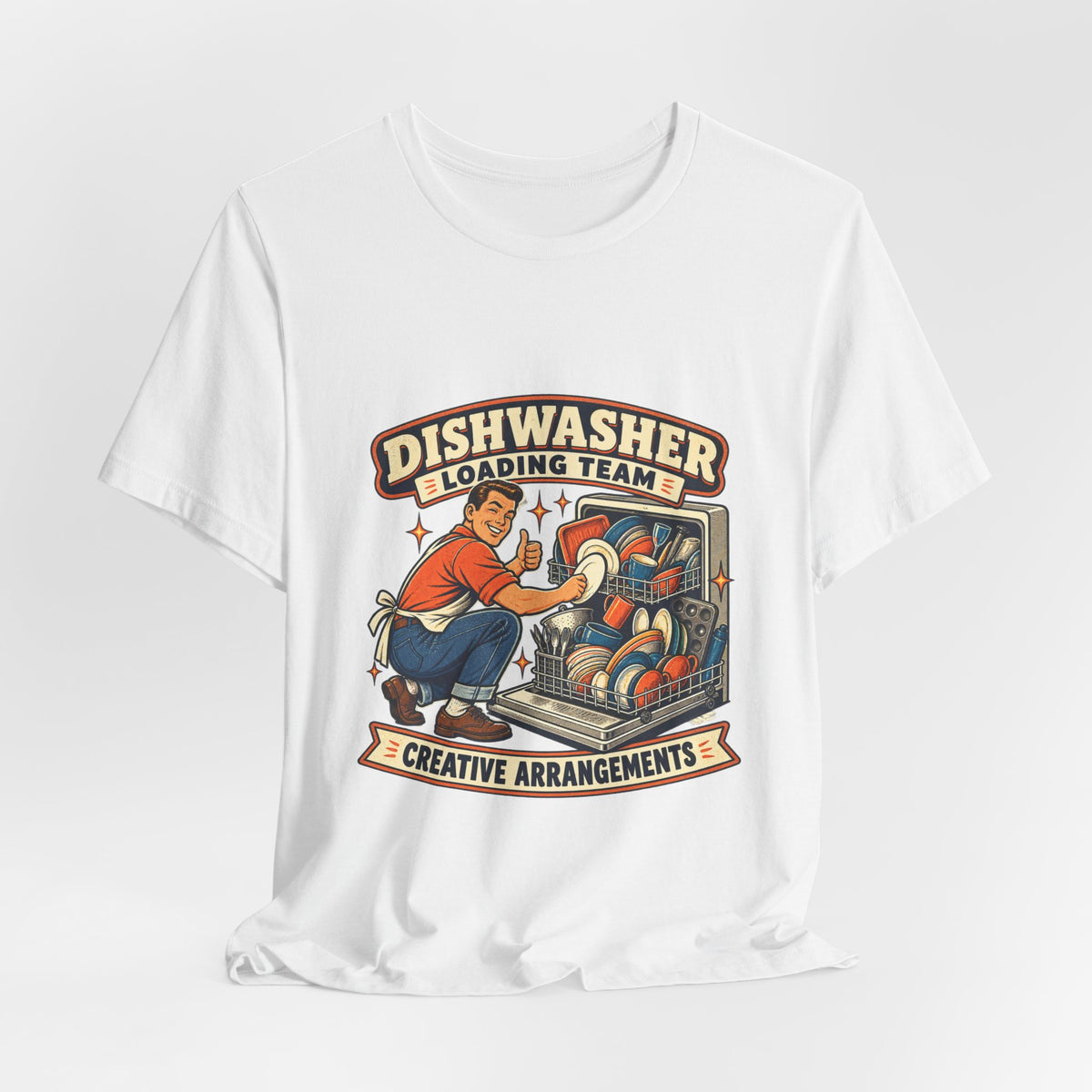 Dishwasher Loading Team T-Shirt, Creative Arrangements Retro Kitchen Humor Tee