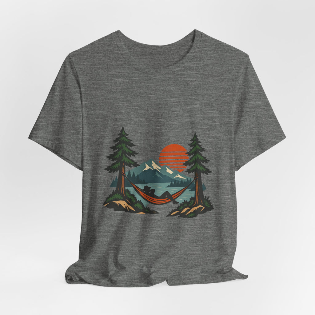 Vintage Hammock Sunset T-Shirt — Mountain Lake Camping and Outdoor Relaxation Tee