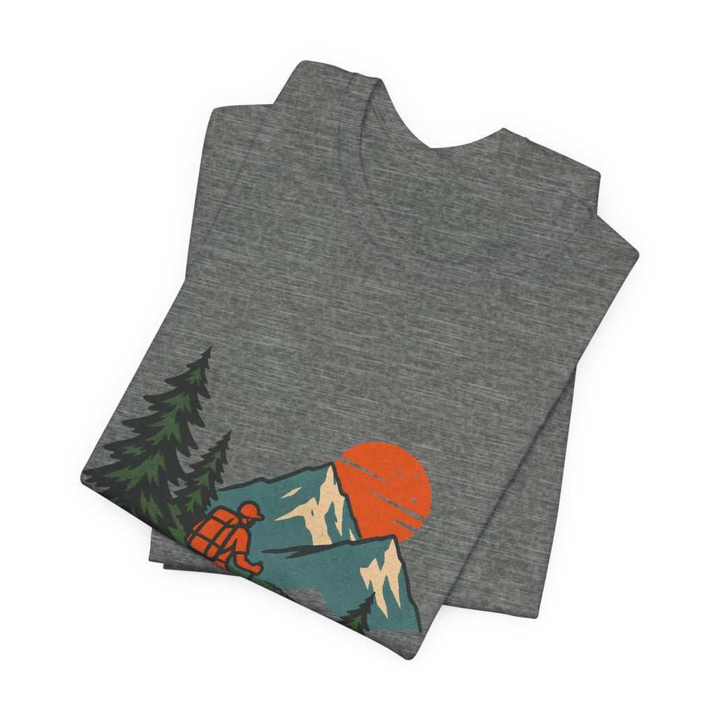 Retro Trail Hiker Mountain Sunset T-Shirt — Vintage Hiking Adventure Tee
