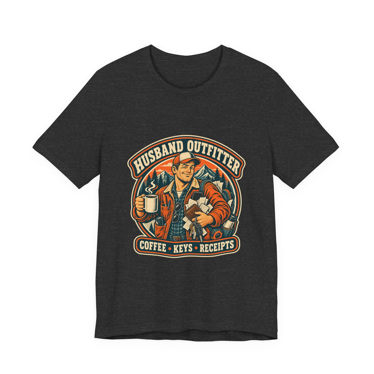 Husband Outfitter Coffee Keys Receipts T-Shirt — Retro Multitasker Husband Humor Tee
