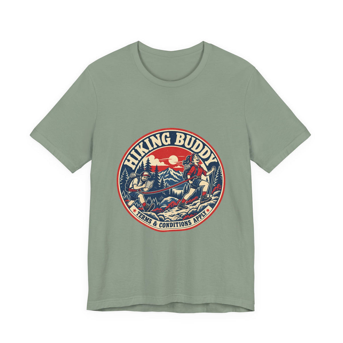 Hiking Buddy T-Shirt — Vintage Mountain Trekking Tee with Terms & Conditions Apply