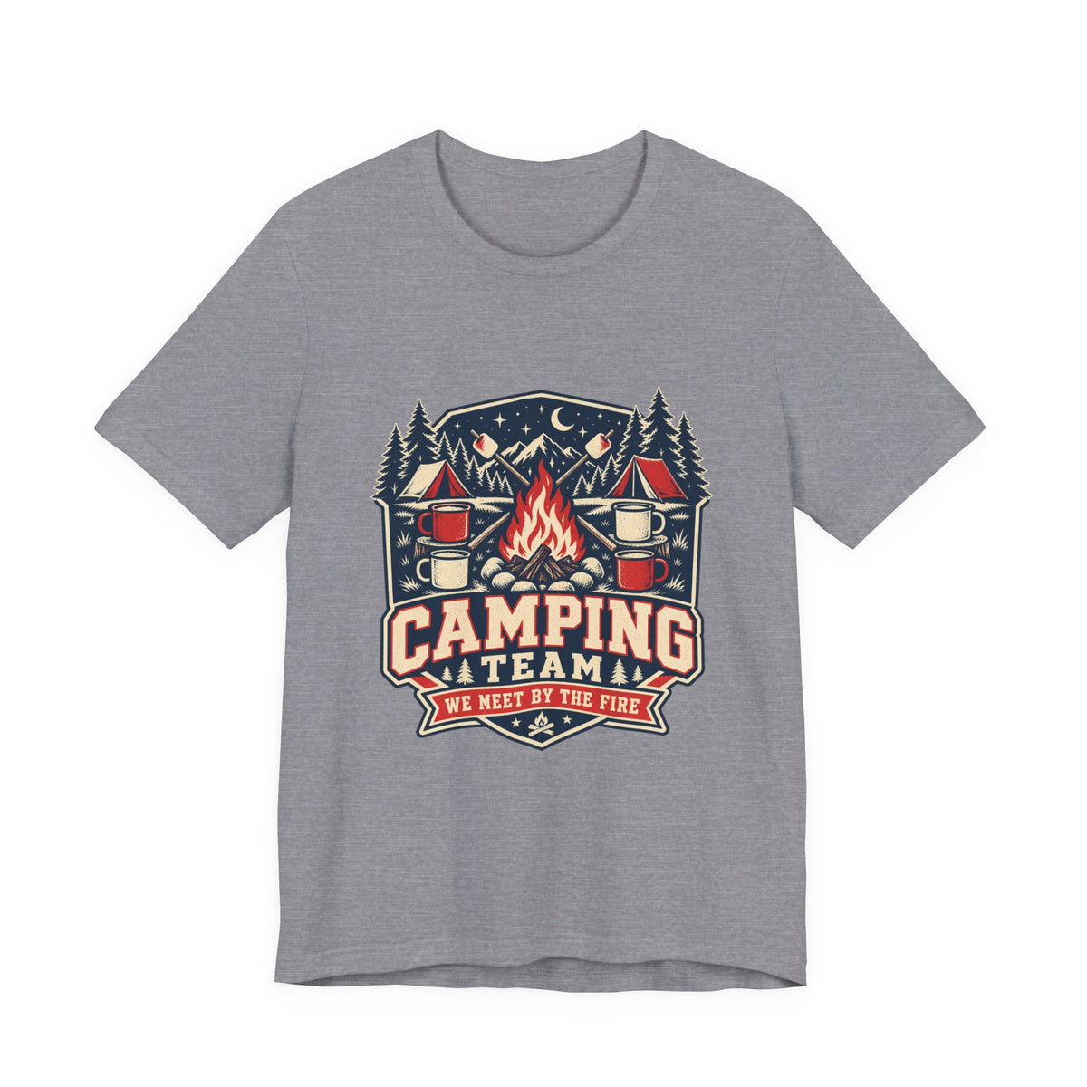 Camping Team T-Shirt — Vintage Campfire Adventure Tee with “We Meet by the Fire”