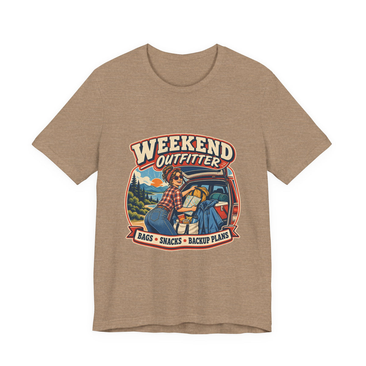 Weekend Outfitter Vintage Adventure T-Shirt — Bags Snacks Backup Plans Retro Road Trip Tee