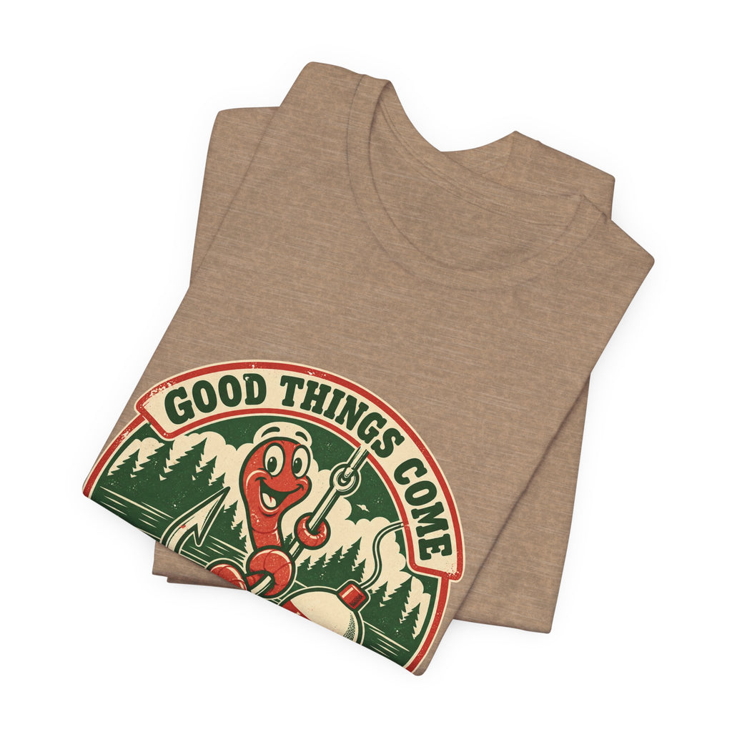 Good Things Come to Those Who Bait T-Shirt — Vintage Fishing Worm and Lake Tee