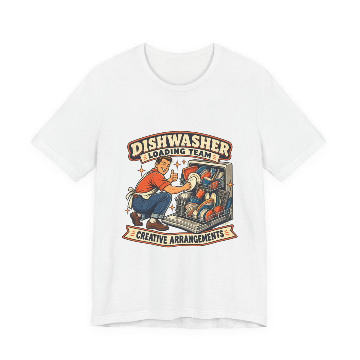 Dishwasher Loading Team T-Shirt, Creative Arrangements Retro Kitchen Humor Tee