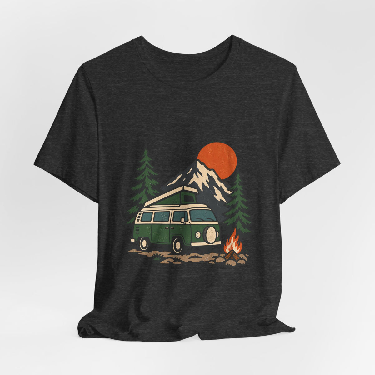 Retro Camper Van Camping T-Shirt — Mountain Road Trip & Campfire Adventure Tee