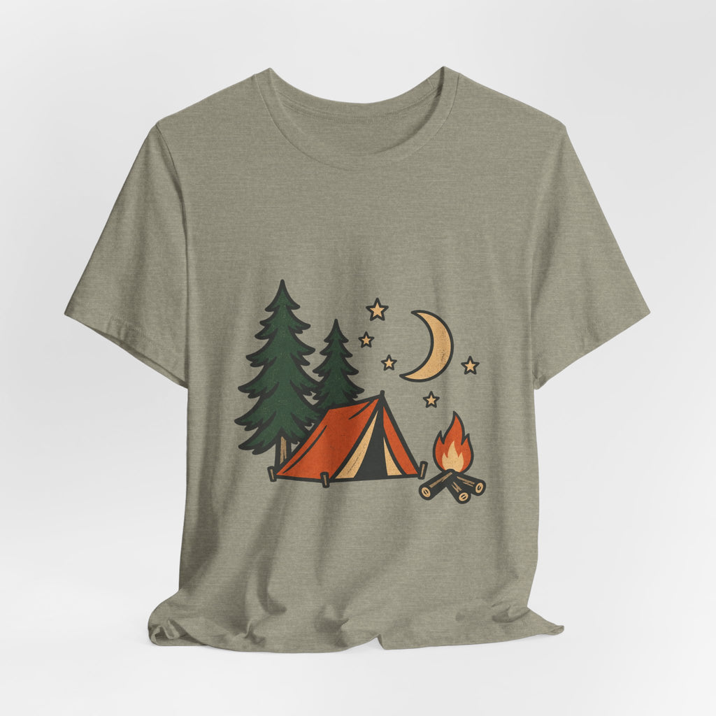 Vintage Camping Night T-Shirt with Tent, Campfire, Pine Trees, Moon and Stars