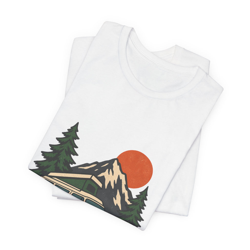 Retro Camper Van Camping T-Shirt — Mountain Road Trip & Campfire Adventure Tee