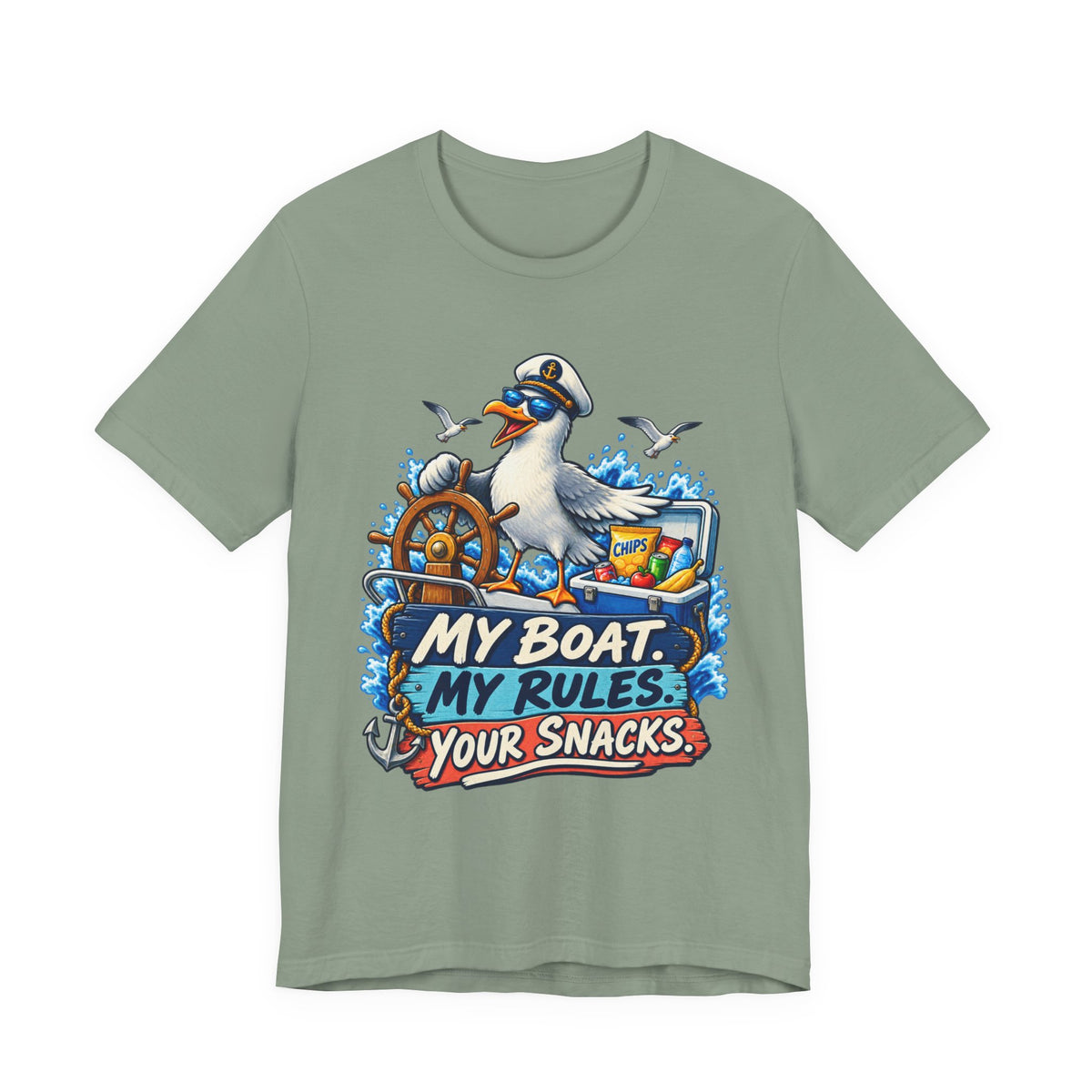 My Boat My Rules Your Snacks T-Shirt — Funny Nautical Seagull Captain Boating Tee