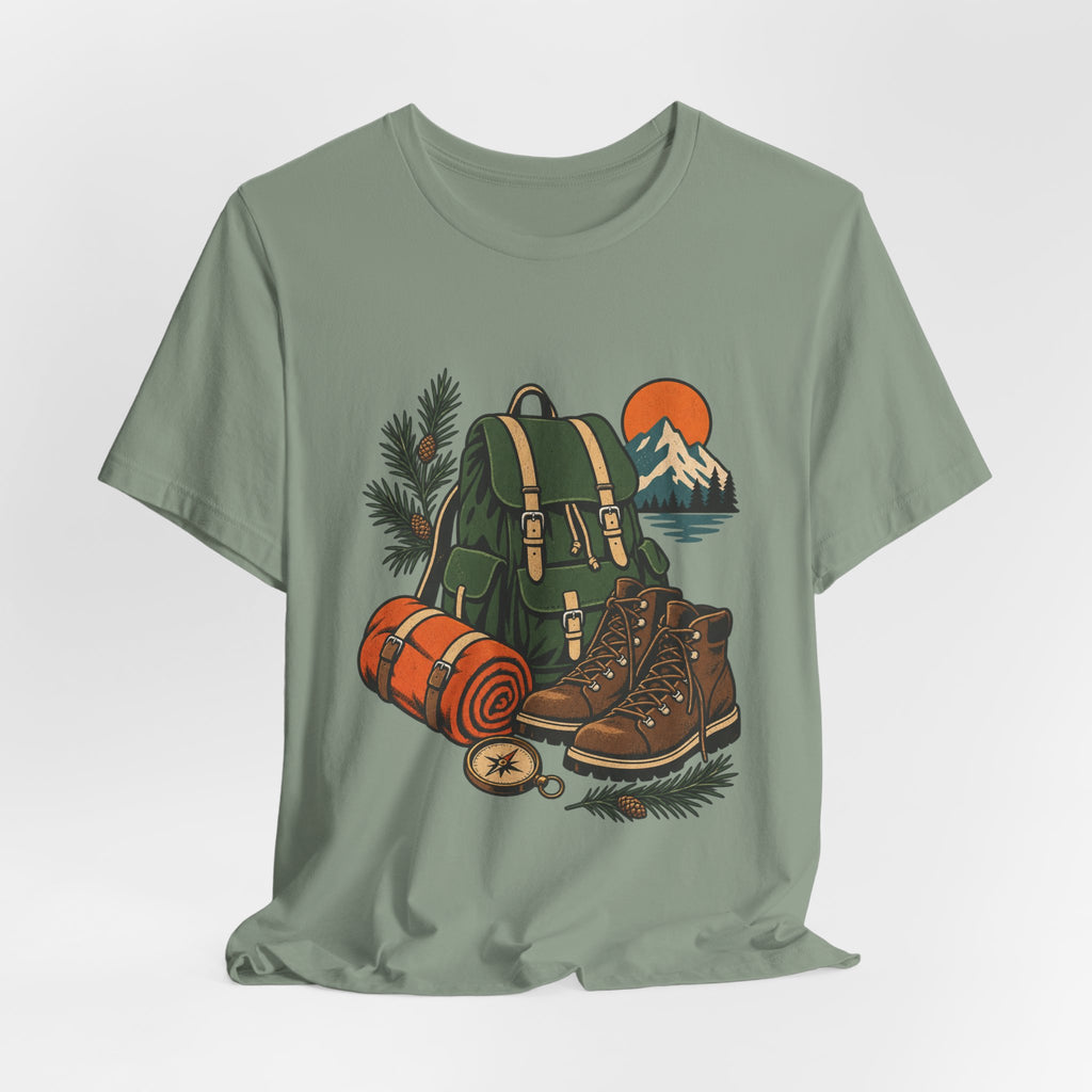 Vintage Hiking Adventure T-Shirt — Backpack, Boots, Compass and Mountain Camping Design