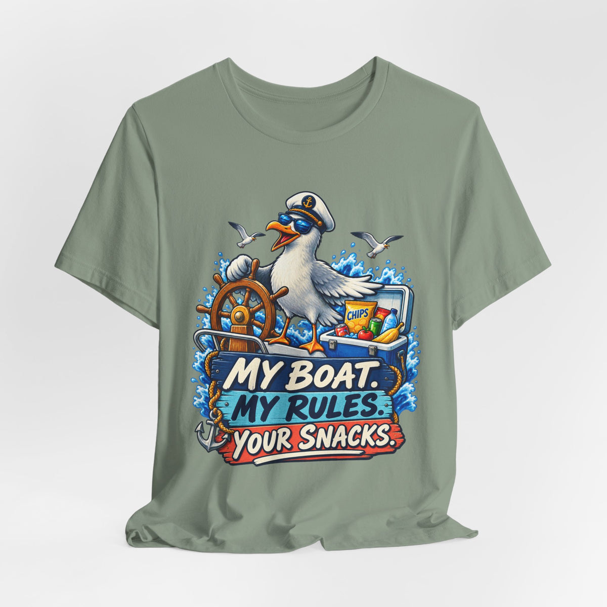 My Boat My Rules Your Snacks T-Shirt — Funny Nautical Seagull Captain Boating Tee