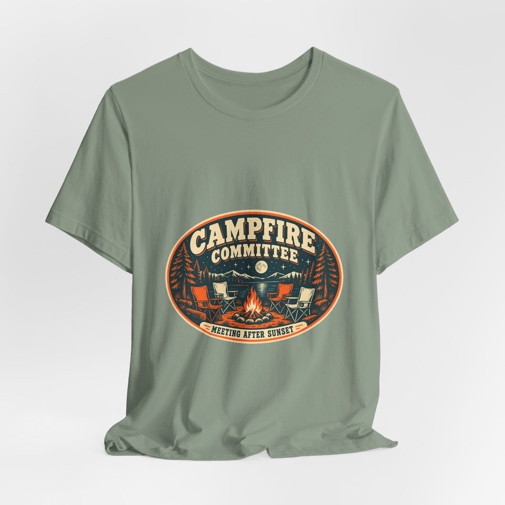 Campfire Committee T-Shirt — Meeting After Sunset Vintage Camping Badge Tee