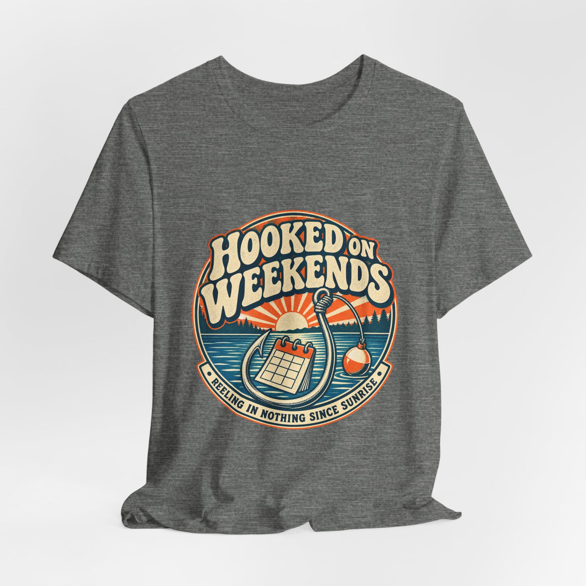 Hooked on Weekends Fishing T-Shirt — Vintage Lake Reel & Sunrise Tee