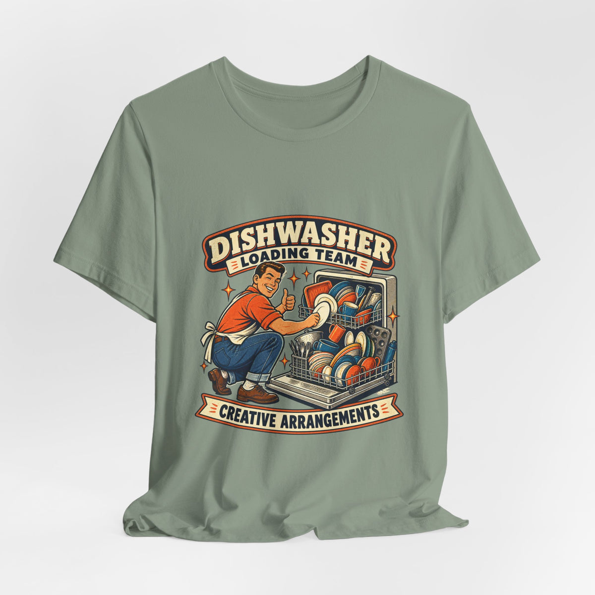 Dishwasher Loading Team T-Shirt, Creative Arrangements Retro Kitchen Humor Tee