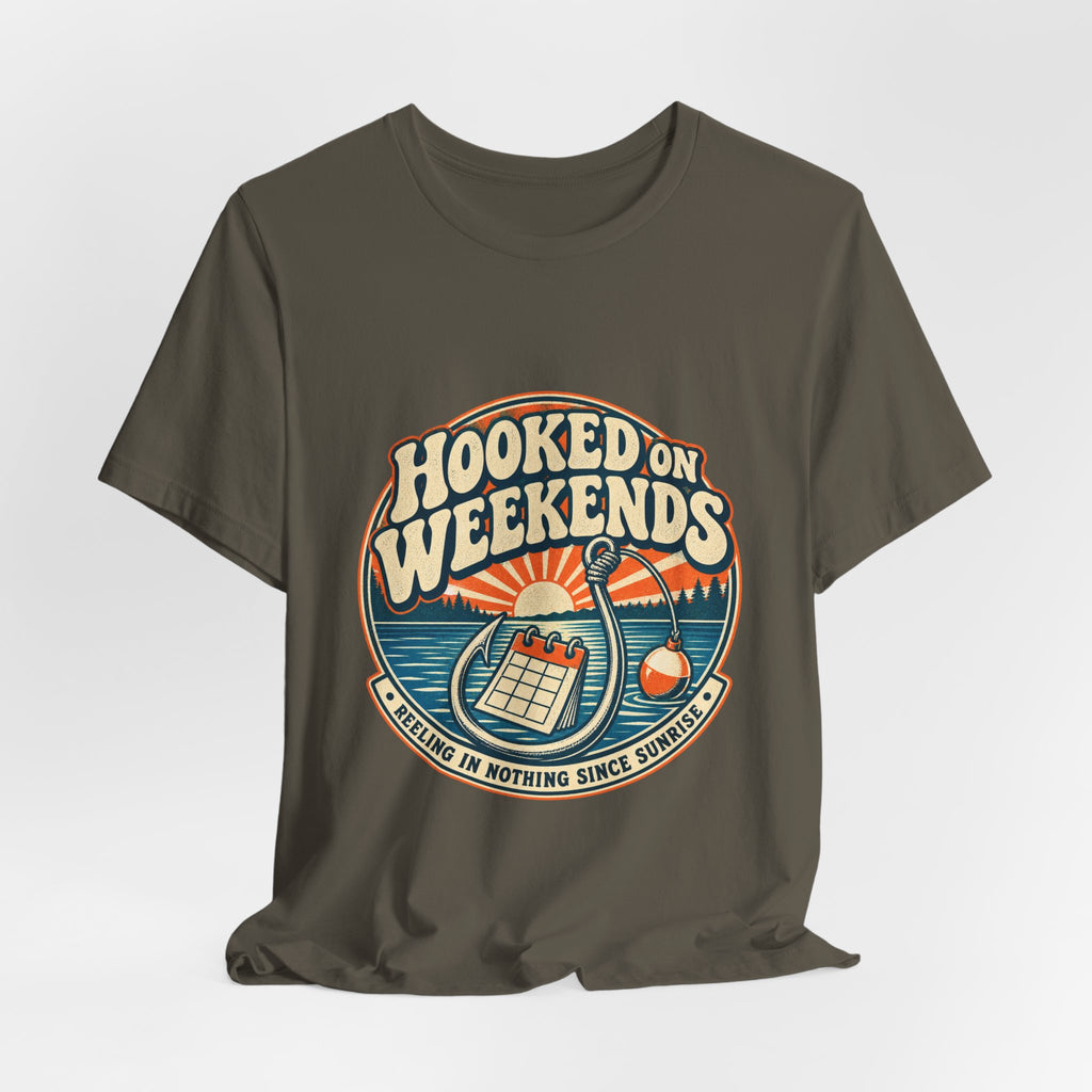 Hooked on Weekends Fishing T-Shirt — Vintage Lake Reel & Sunrise Tee
