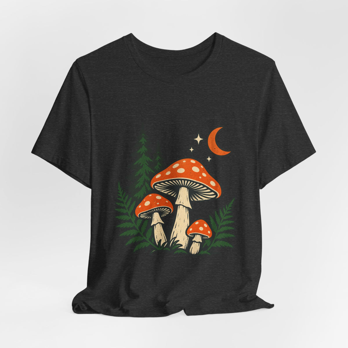 Vintage Mushroom Moon T-Shirt — Enchanted Forest Fungi Night Design