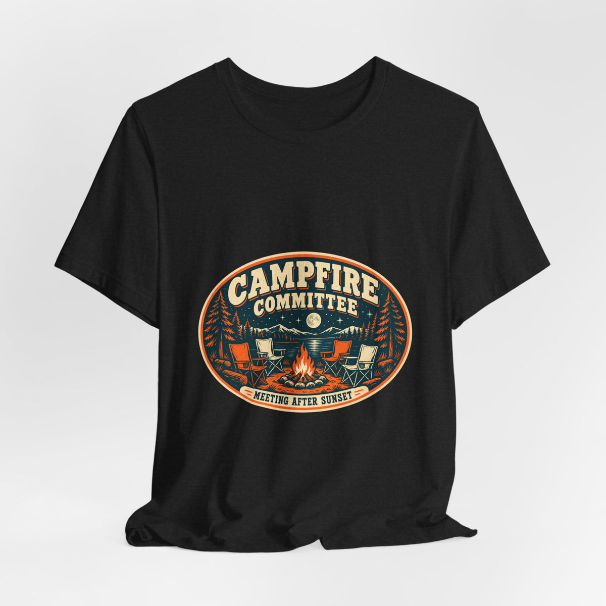 Campfire Committee T-Shirt — Meeting After Sunset Vintage Camping Badge Tee