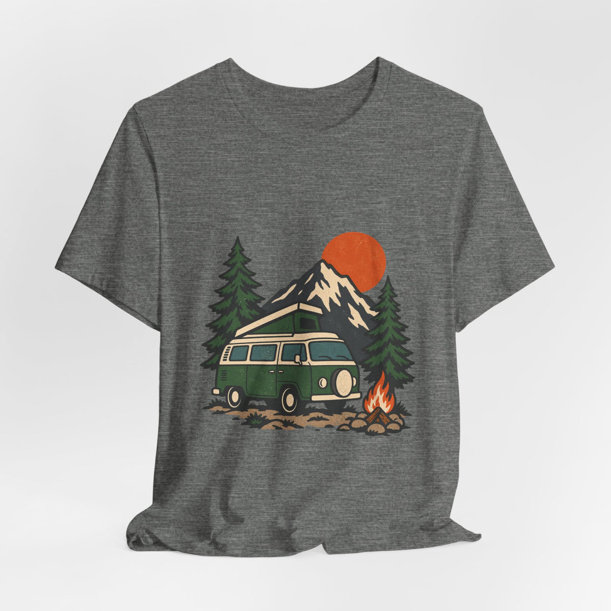 Retro Camper Van Camping T-Shirt — Mountain Road Trip & Campfire Adventure Tee