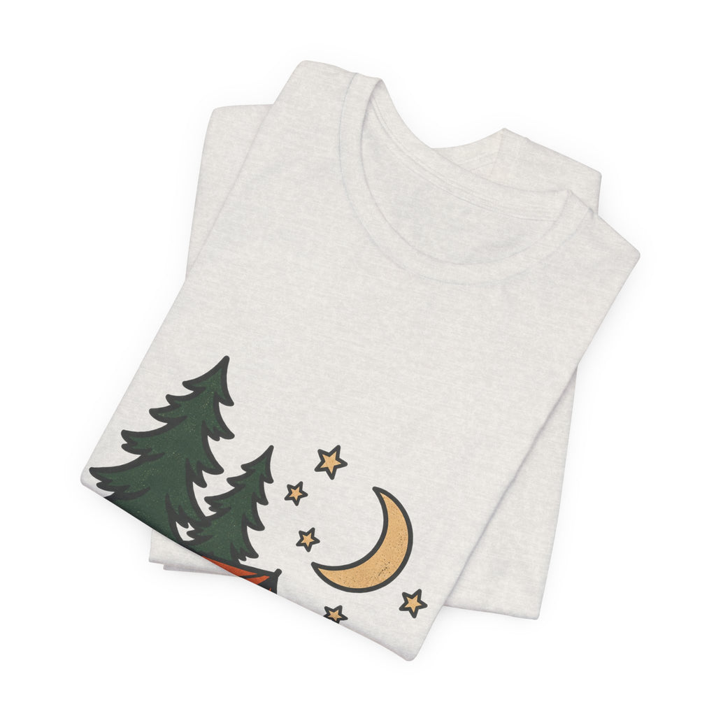 Vintage Camping Night T-Shirt with Tent, Campfire, Pine Trees, Moon and Stars