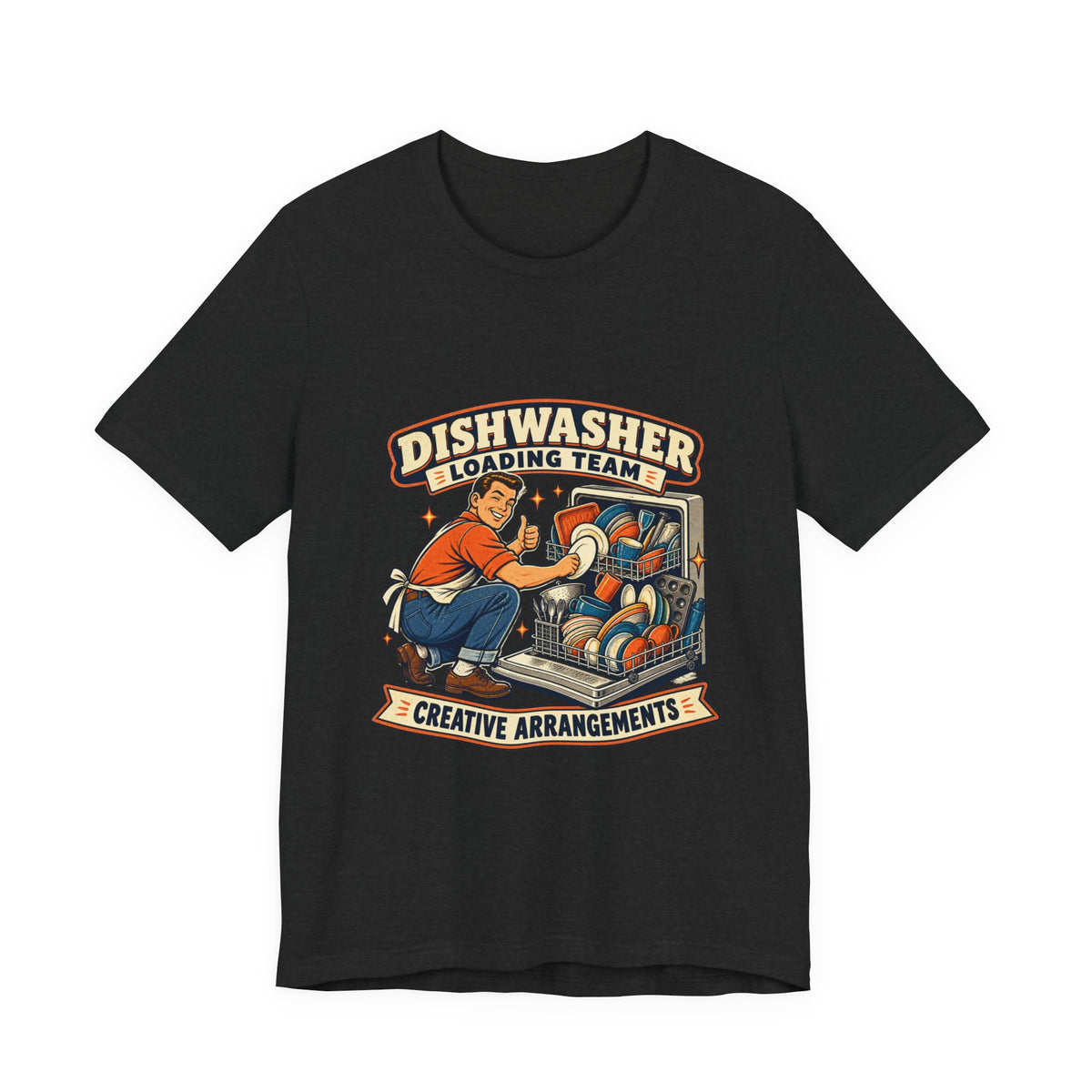 Dishwasher Loading Team T-Shirt, Creative Arrangements Retro Kitchen Humor Tee