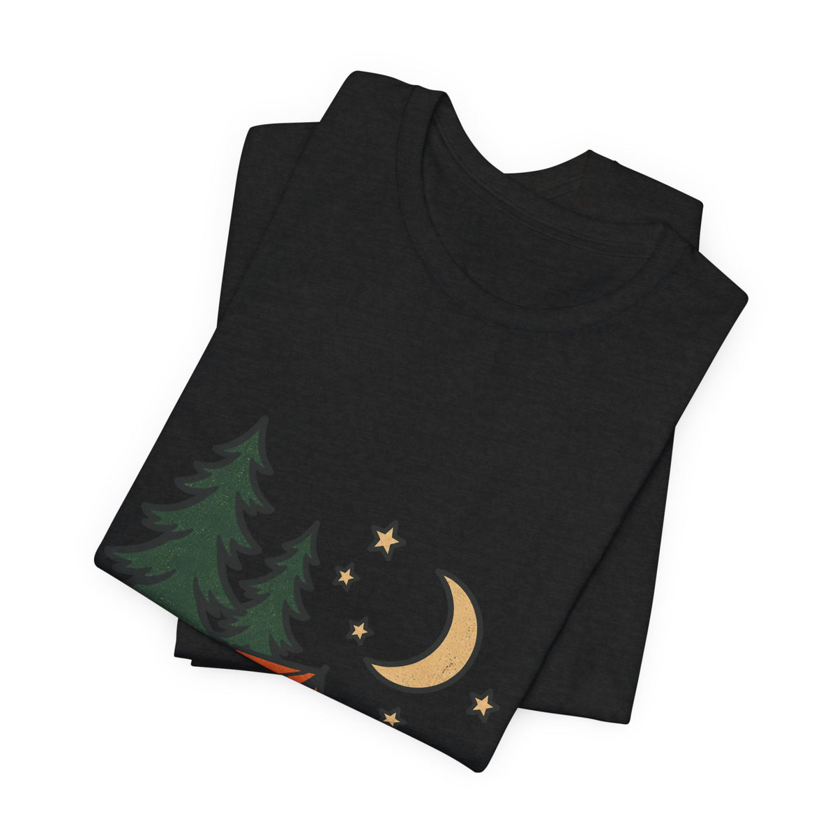 Vintage Camping Night T-Shirt with Tent, Campfire, Pine Trees, Moon and Stars