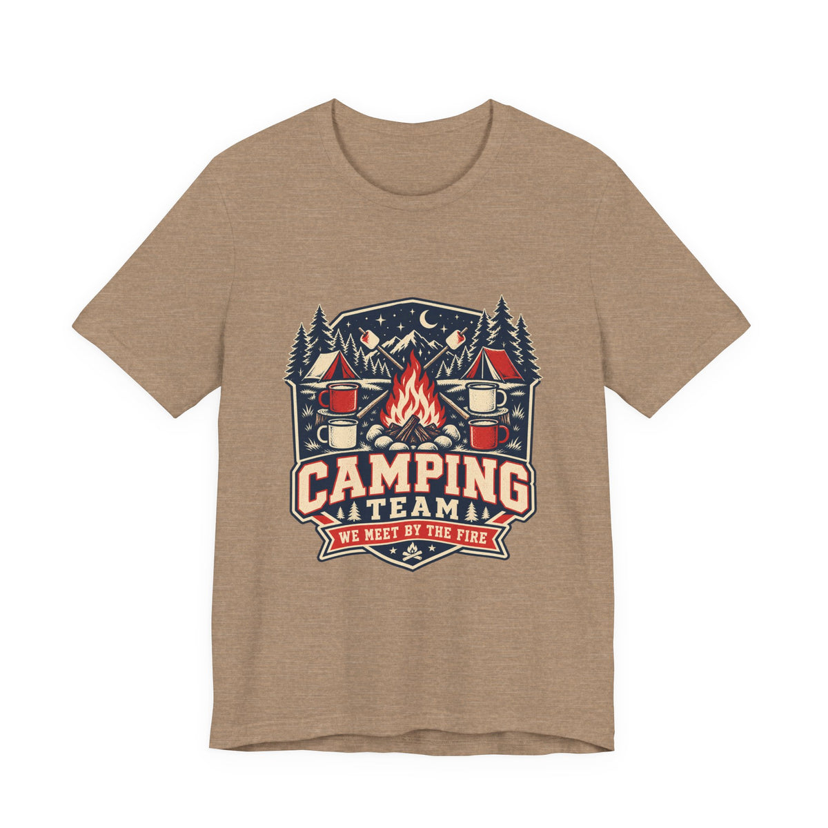Camping Team T-Shirt — Vintage Campfire Adventure Tee with “We Meet by the Fire”