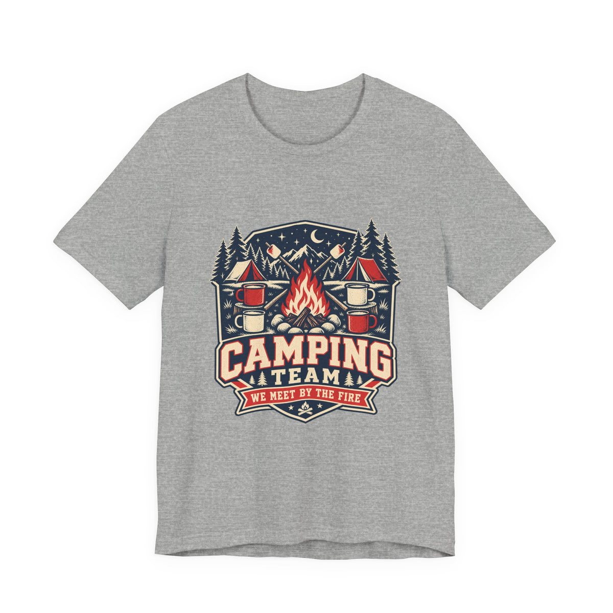 Camping Team T-Shirt — Vintage Campfire Adventure Tee with “We Meet by the Fire”