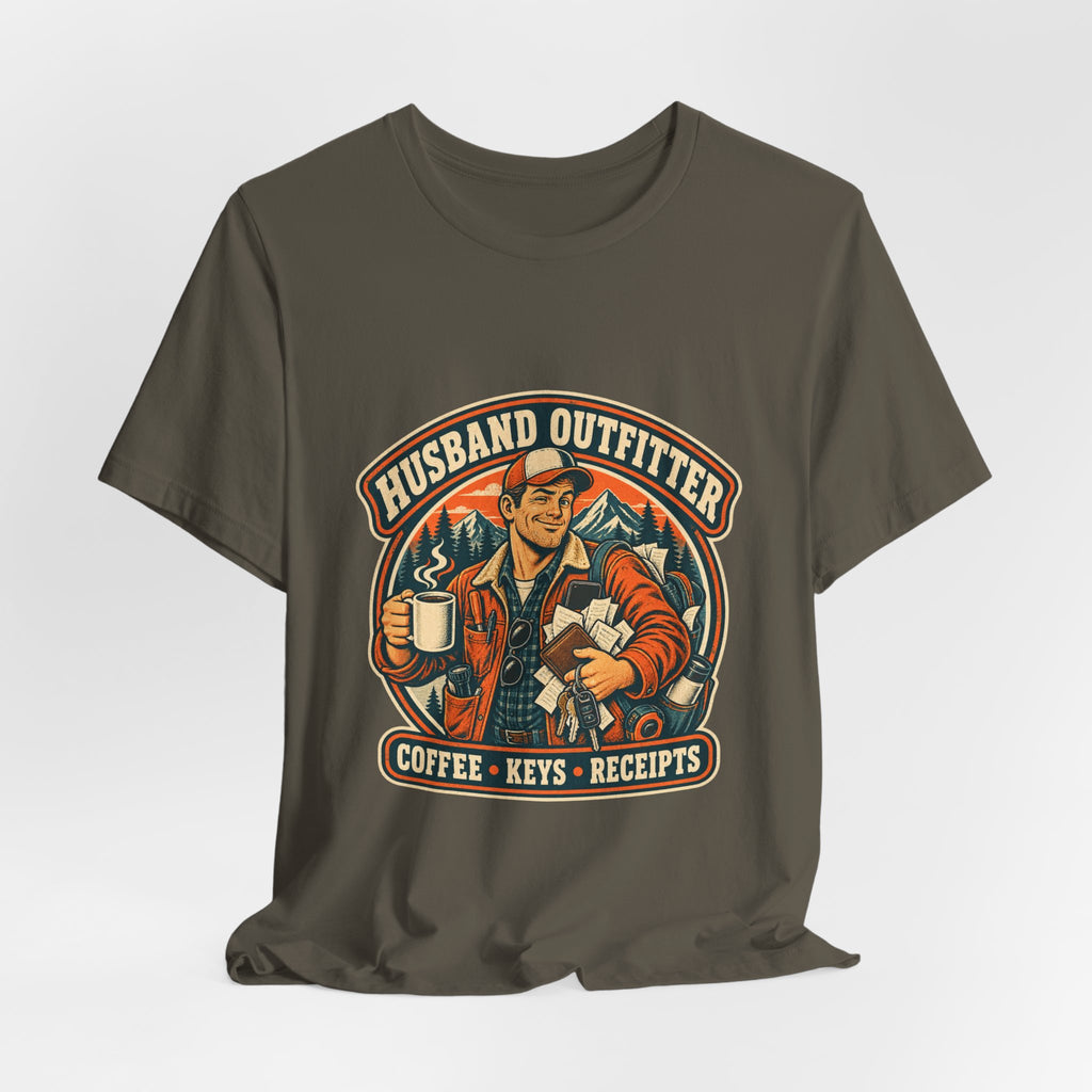 Husband Outfitter Coffee Keys Receipts T-Shirt — Retro Multitasker Husband Humor Tee