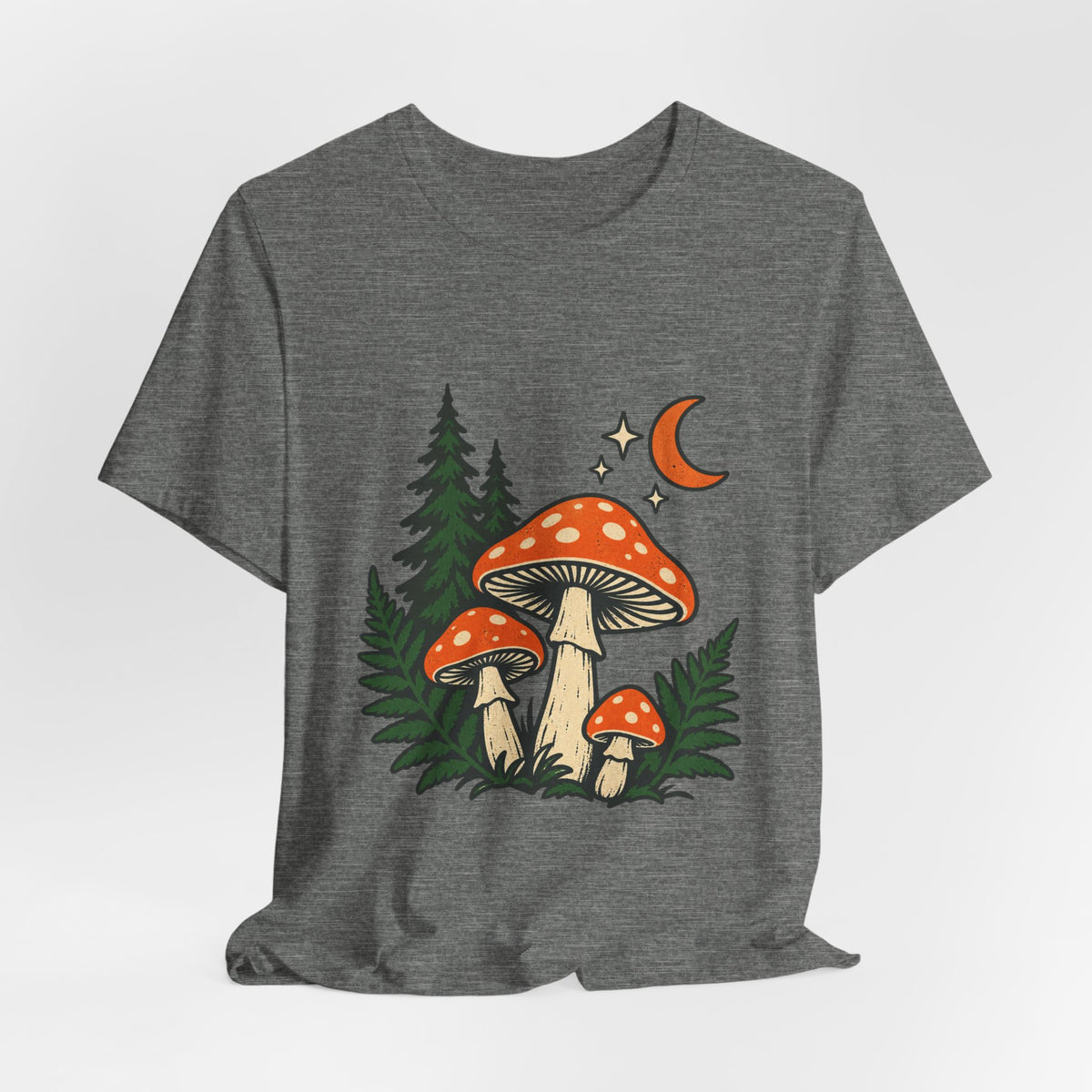 Vintage Mushroom Moon T-Shirt — Enchanted Forest Fungi Night Design