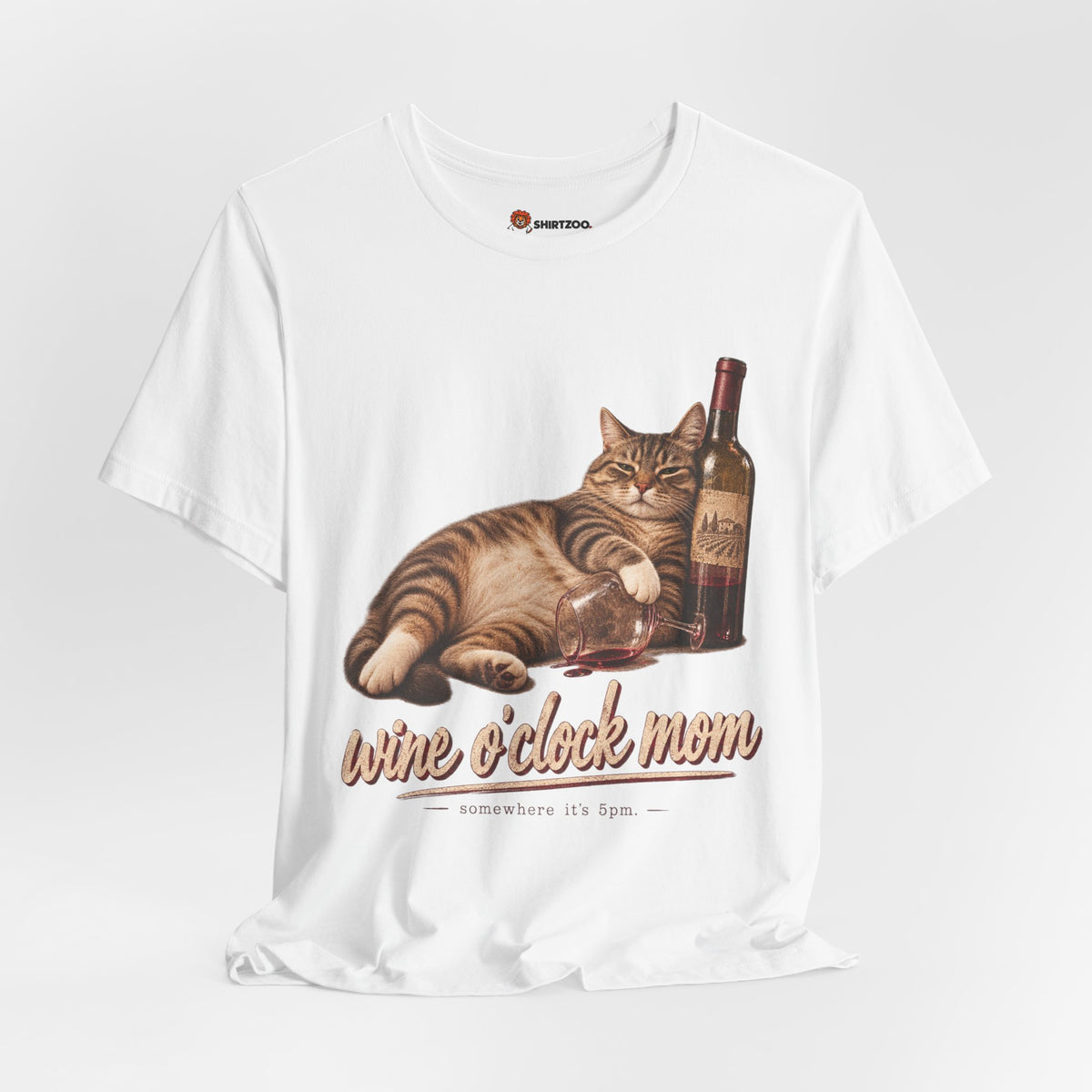 Wine O'Clock Mom T-Shirt — Cat with Wine Bottle Graphic