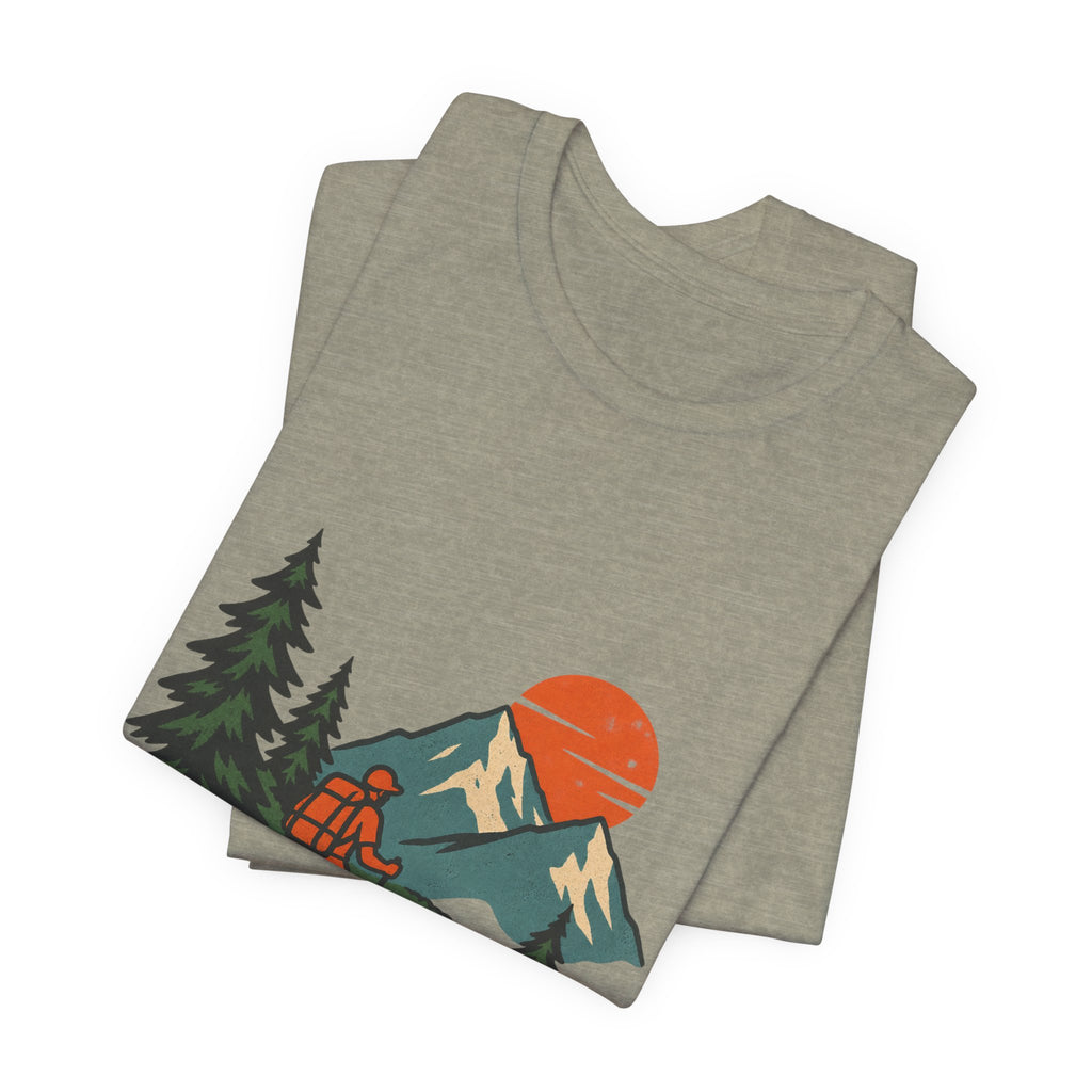 Retro Trail Hiker Mountain Sunset T-Shirt — Vintage Hiking Adventure Tee