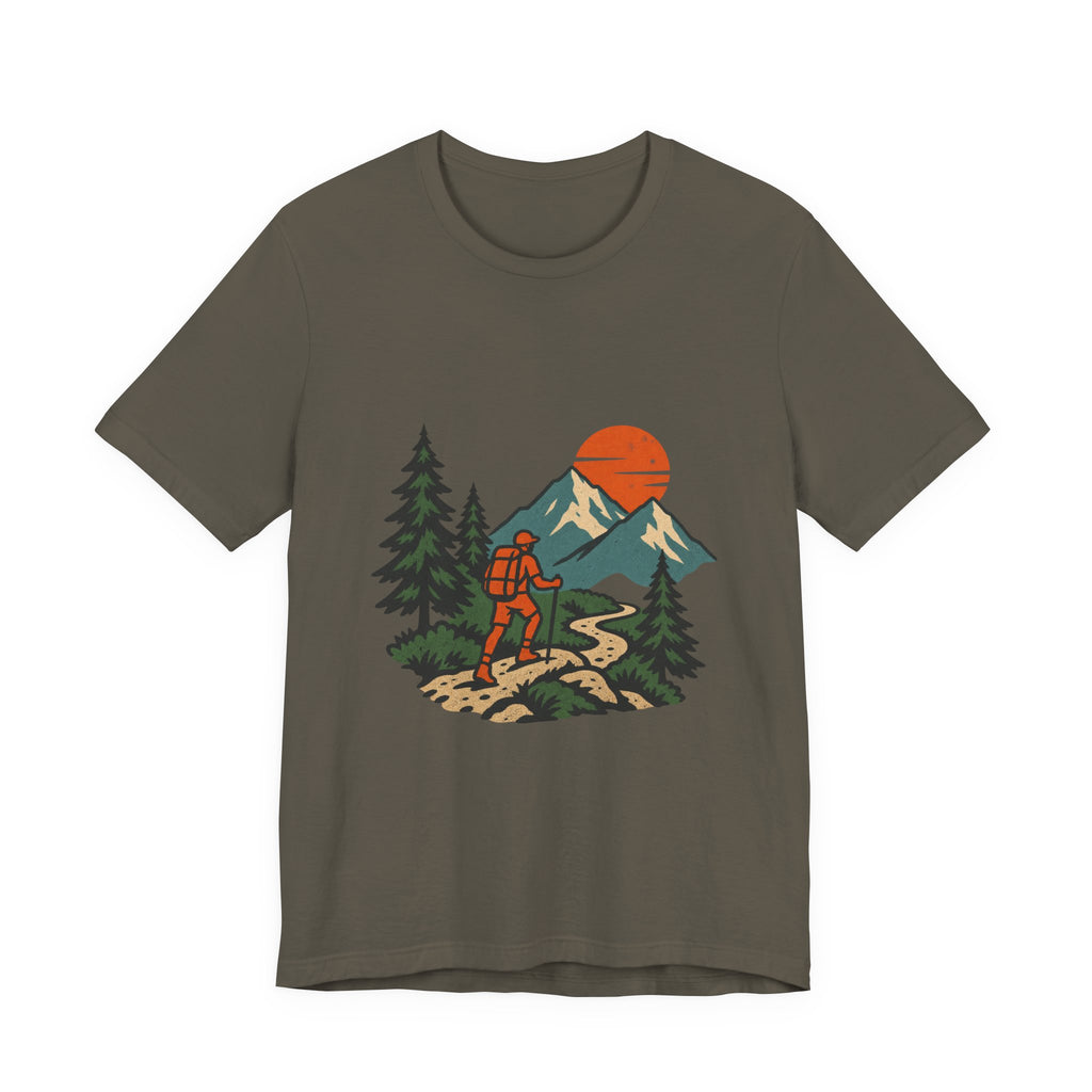 Retro Trail Hiker Mountain Sunset T-Shirt — Vintage Hiking Adventure Tee