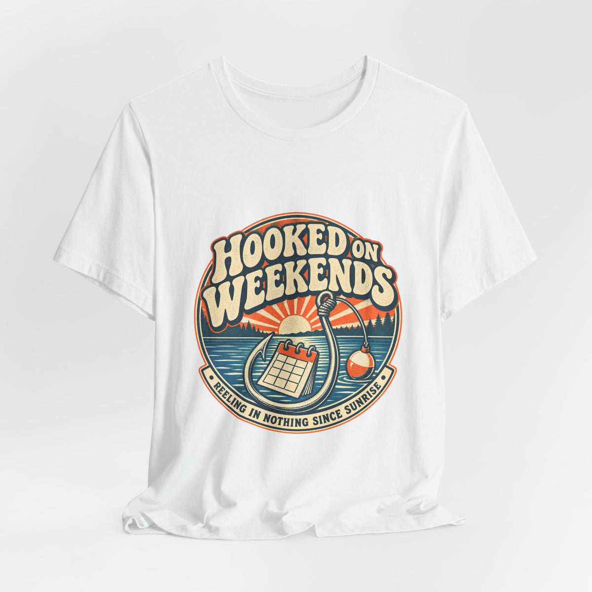 Hooked on Weekends Fishing T-Shirt — Vintage Lake Reel & Sunrise Tee