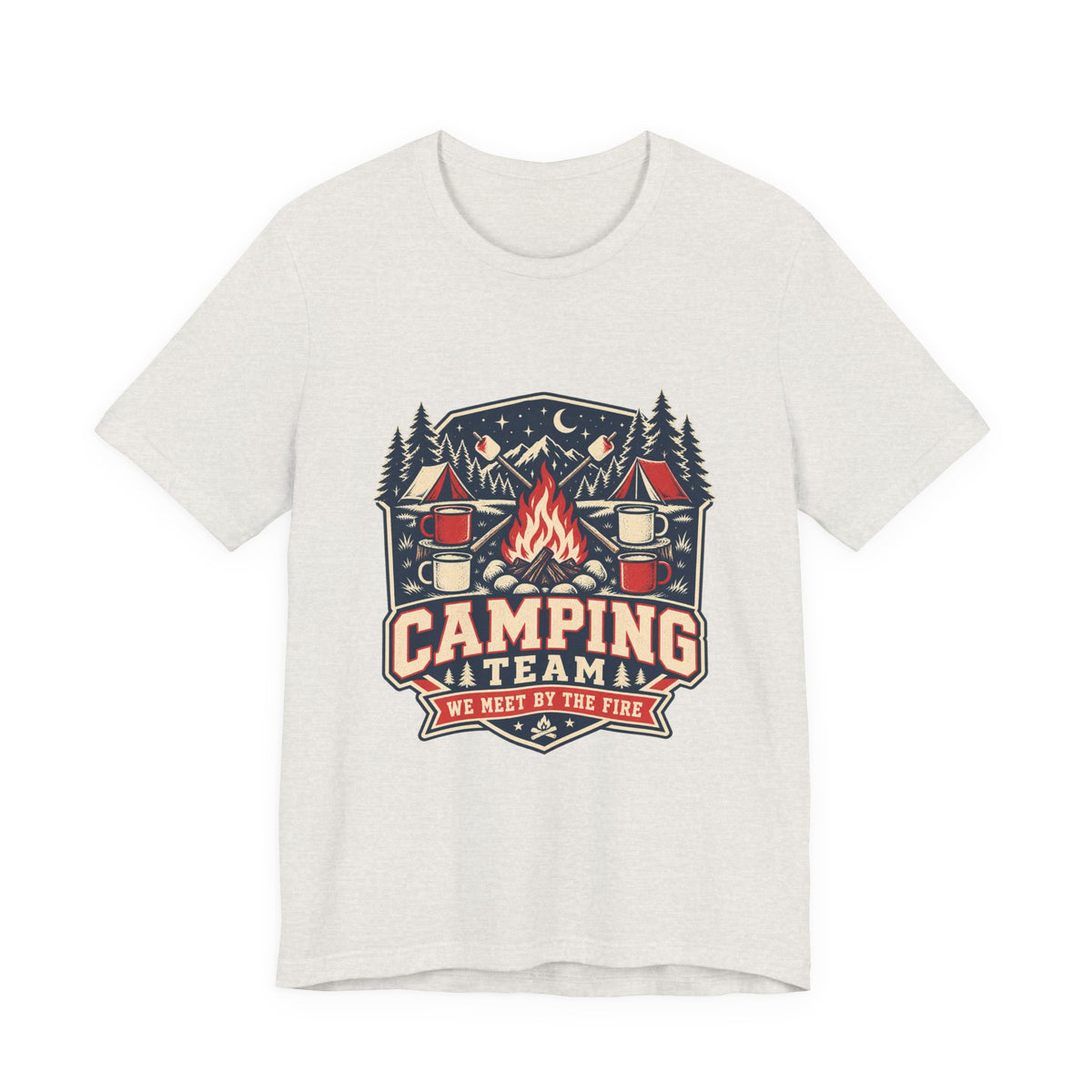 Camping Team T-Shirt — Vintage Campfire Adventure Tee with “We Meet by the Fire”