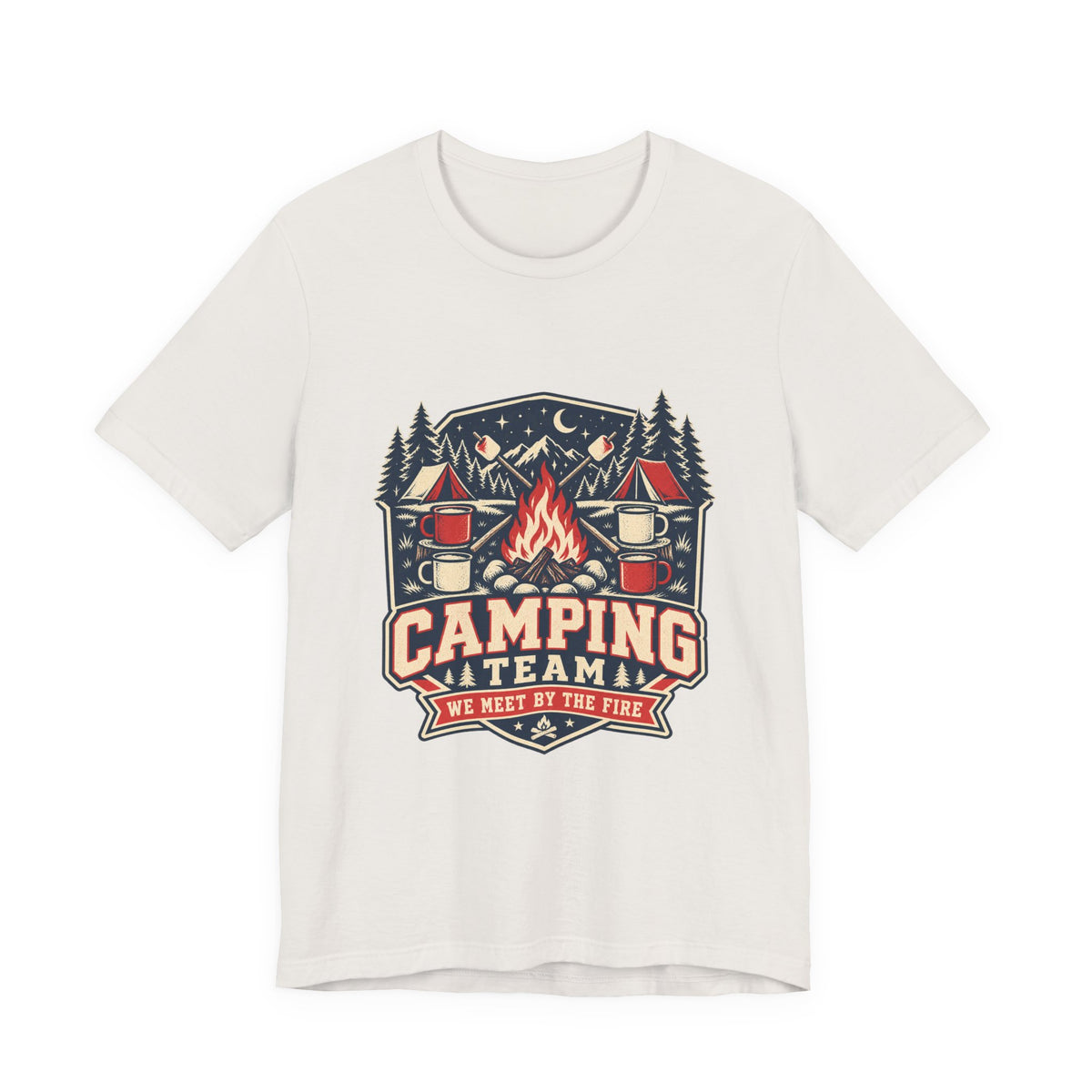 Camping Team T-Shirt — Vintage Campfire Adventure Tee with “We Meet by the Fire”