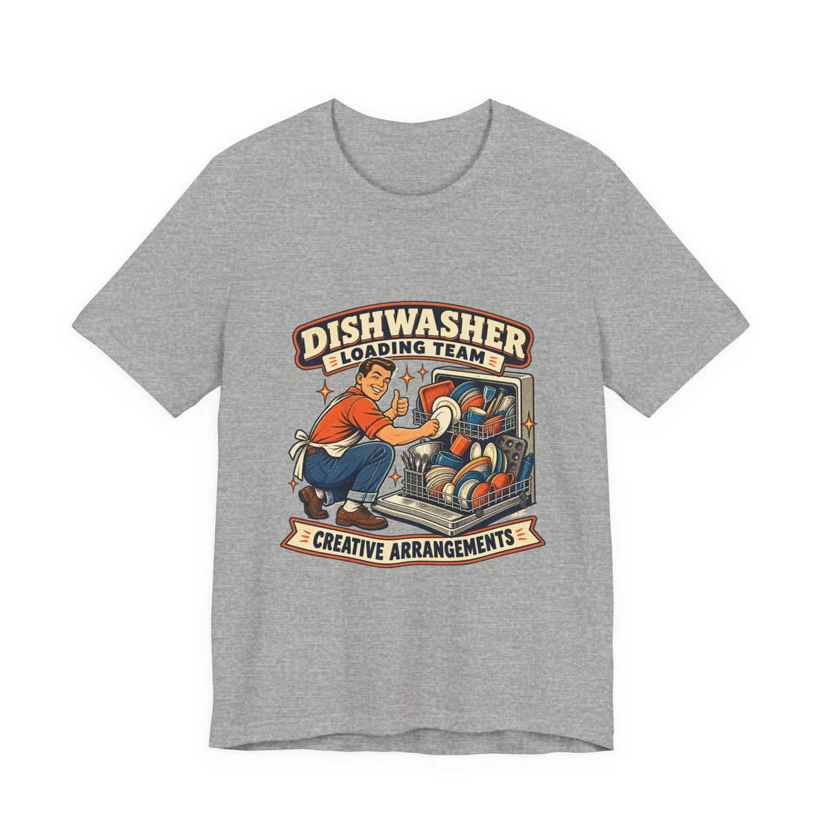Dishwasher Loading Team T-Shirt, Creative Arrangements Retro Kitchen Humor Tee