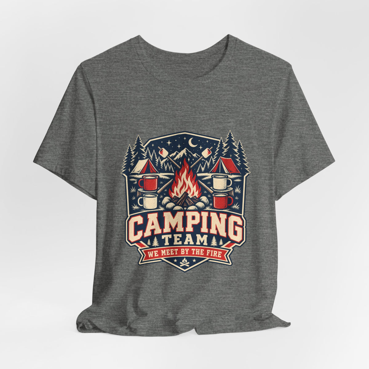 Camping Team T-Shirt — Vintage Campfire Adventure Tee with “We Meet by the Fire”