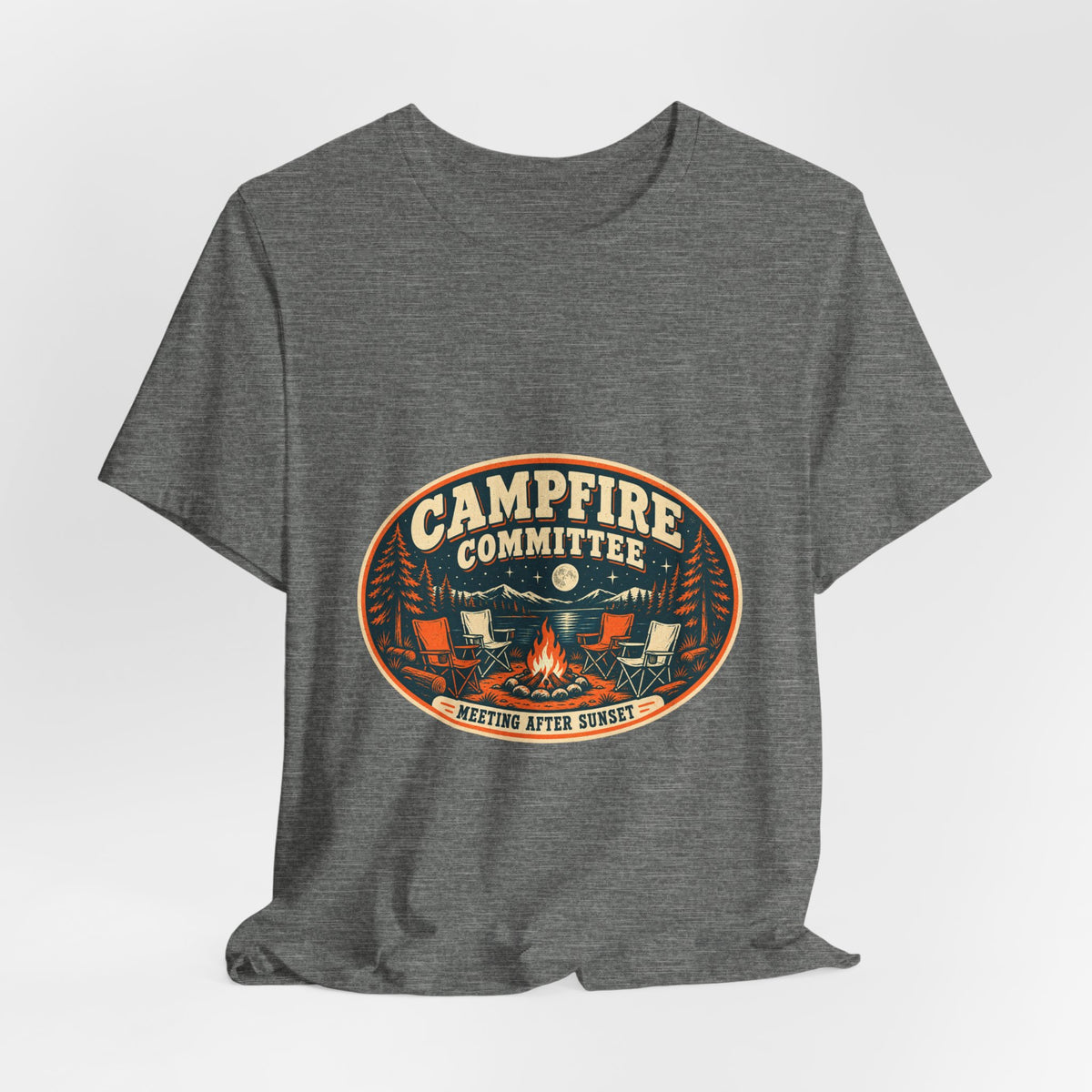 Campfire Committee T-Shirt — Meeting After Sunset Vintage Camping Badge Tee
