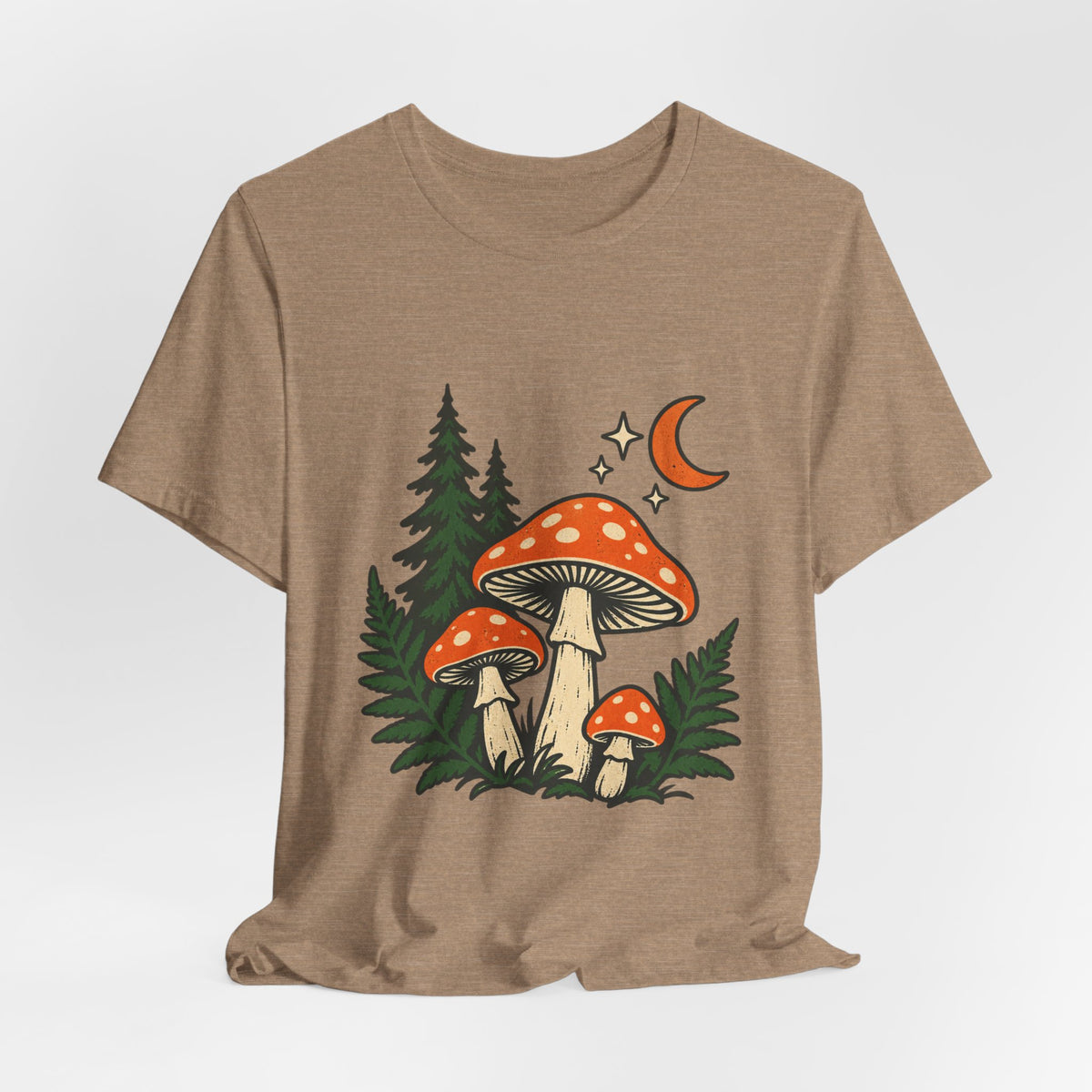 Vintage Mushroom Moon T-Shirt — Enchanted Forest Fungi Night Design