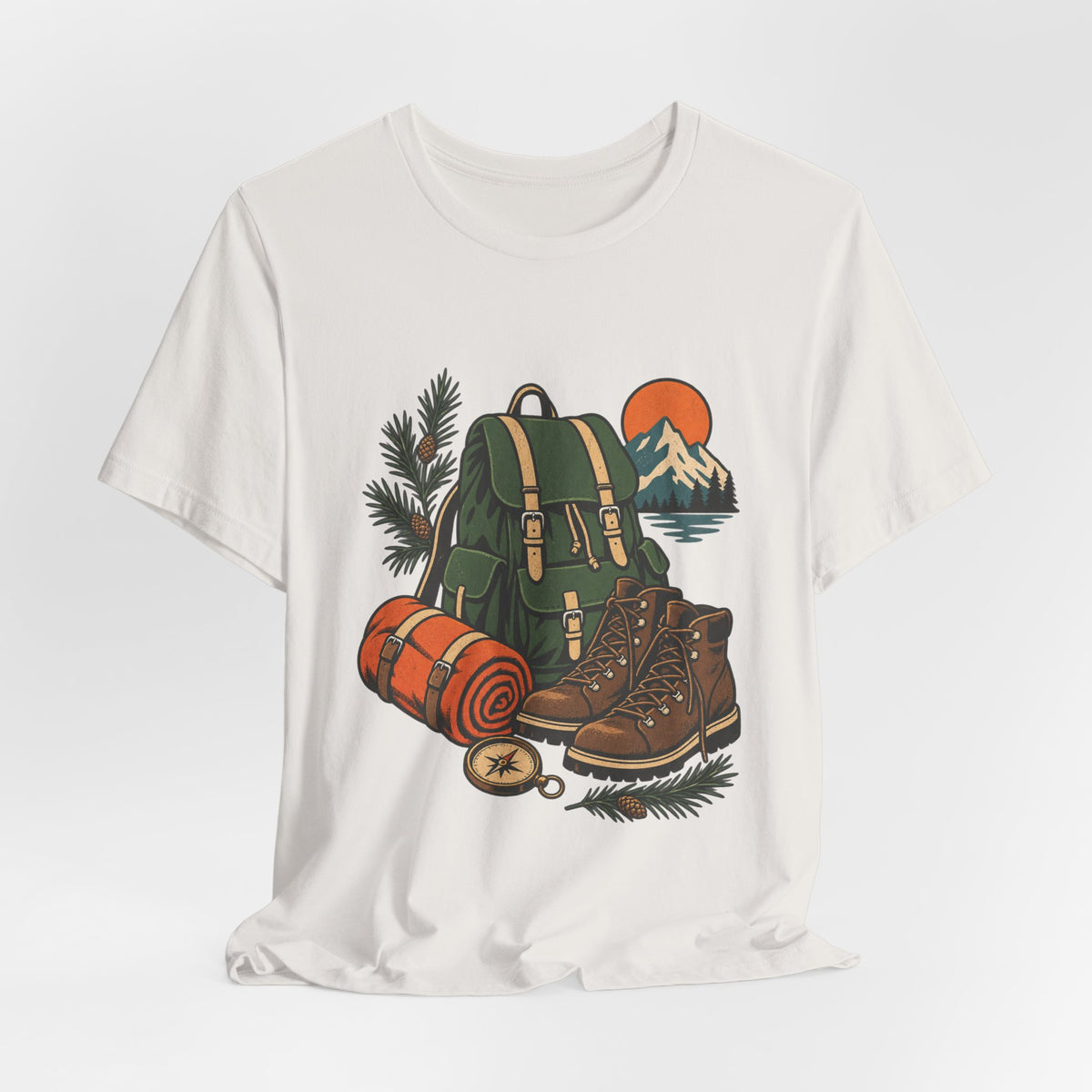 Vintage Hiking Adventure T-Shirt — Backpack, Boots, Compass and Mountain Camping Design
