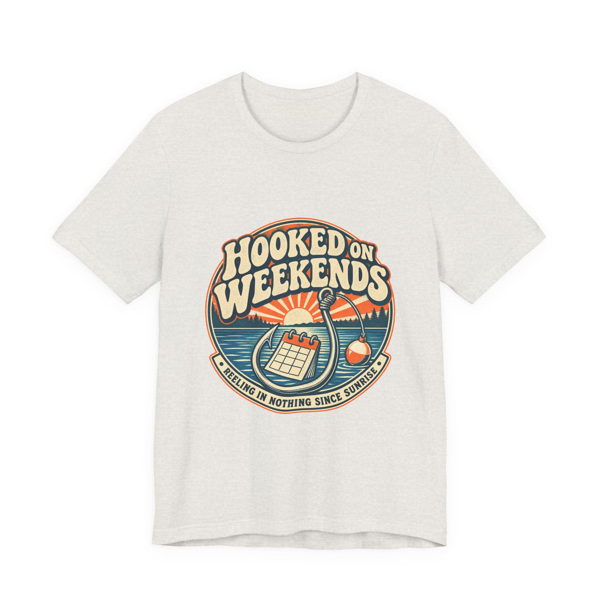 Hooked on Weekends Fishing T-Shirt — Vintage Lake Reel & Sunrise Tee