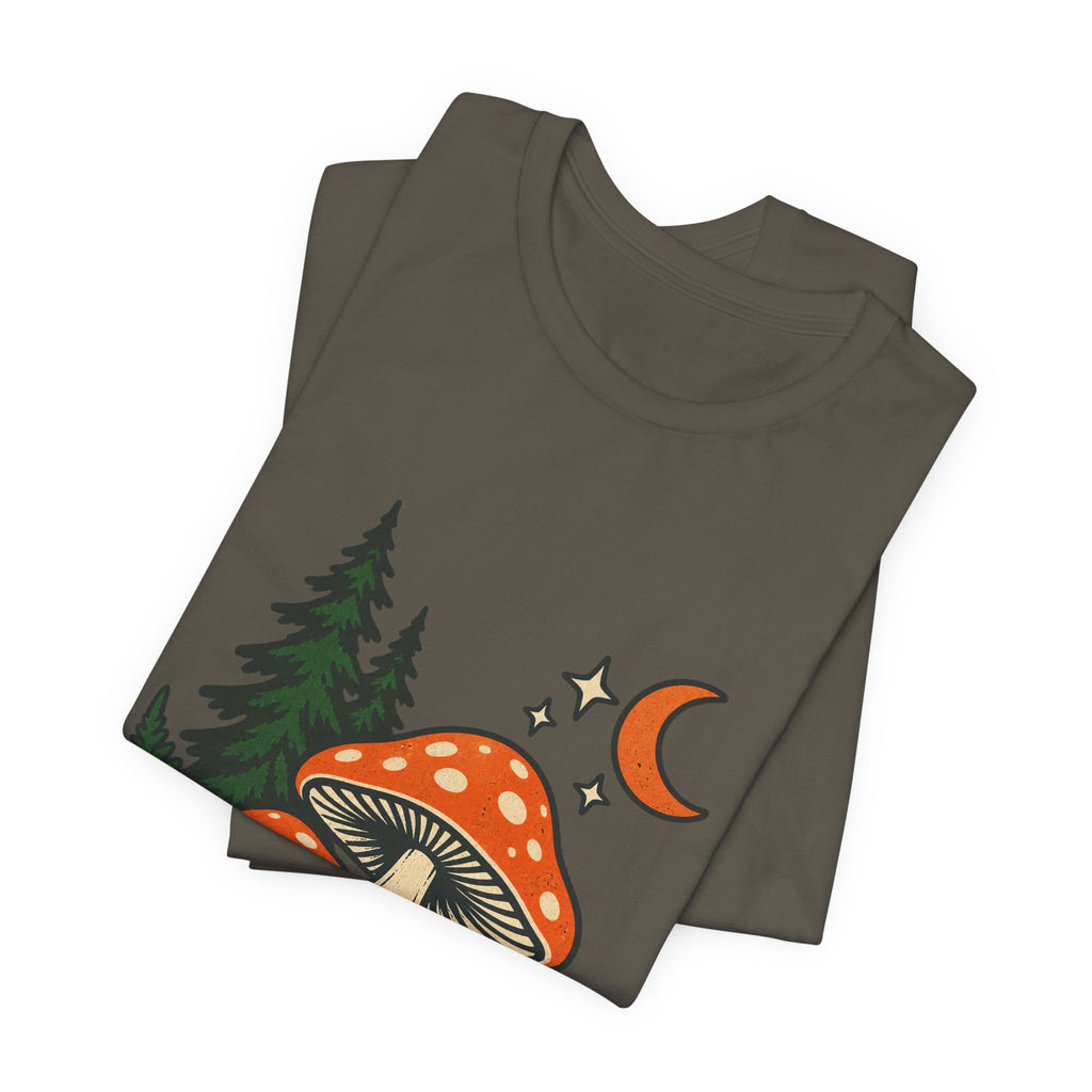 Vintage Mushroom Moon T-Shirt — Enchanted Forest Fungi Night Design