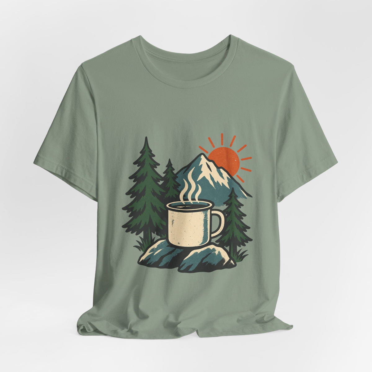 Vintage Camping Coffee Mug T-Shirt — Mountain Sunrise Outdoor Coffee Lover Tee