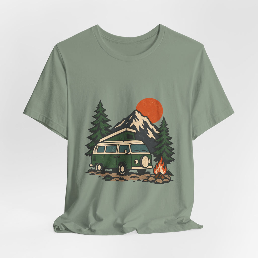 Retro Camper Van Camping T-Shirt — Mountain Road Trip & Campfire Adventure Tee